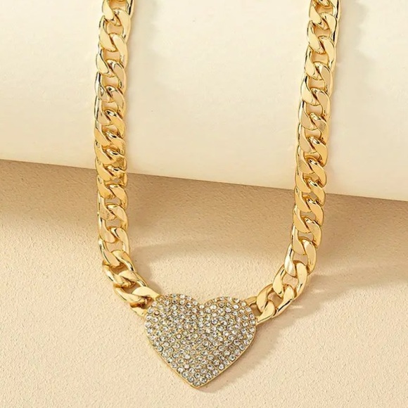 Diamond Heart Cuban Link Gold Toned Necklace - Picture 2 of 2